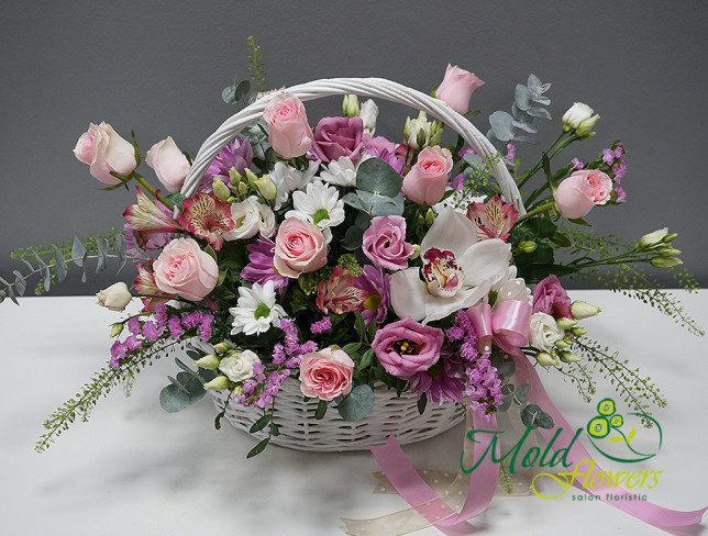 Elegant Basket with Orchids, Eustoma, and Roses photo